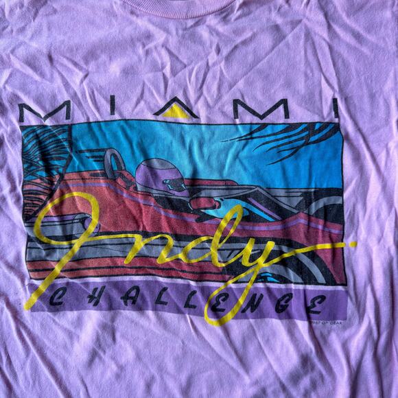 VINTAGE MIAMI INDY RACING T-SHIRT SINGLE STITCH RETRO PINK GRAPHIC MENS LARGE - Picture 2 of 6